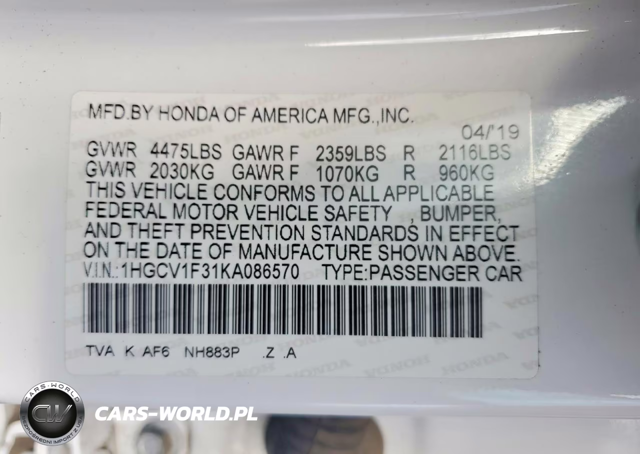 2019 Honda Accord Sport VIN:1HGCV1F31KA086570 - 13