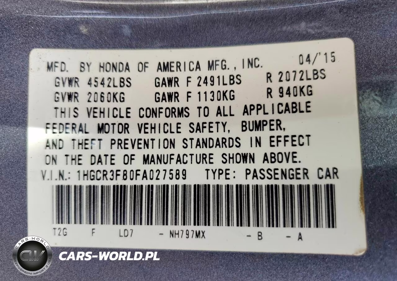 2015 Honda Accord Exl VIN:1HGCR3F80FA027589 - 12