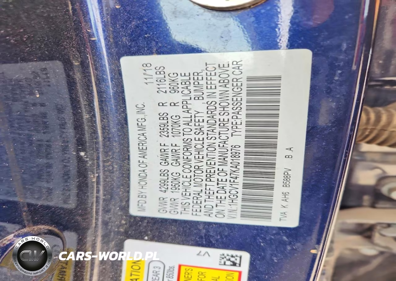 2019 Honda Accord Ex VIN:1HGCV1F47KA018976 - 12