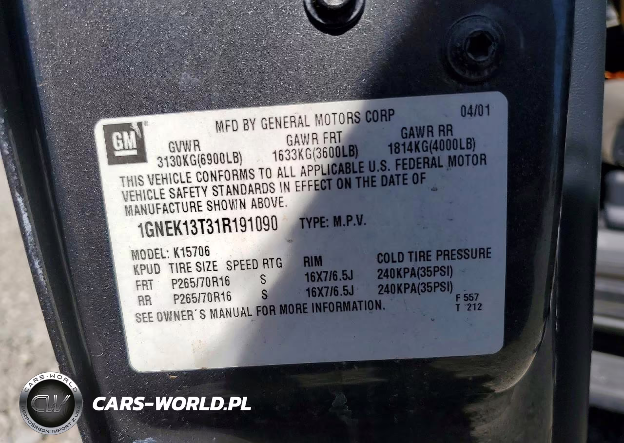 2001 Chev Tahoe VIN:1GNEK13T31R191090 - 13