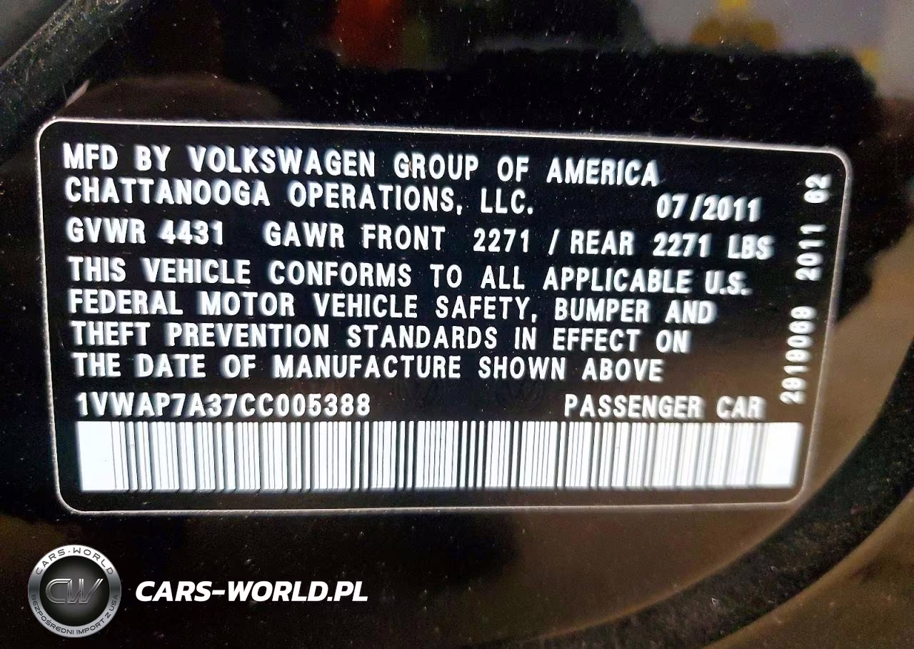 2012 Volkswagen Passat VIN:1VWAP7A37CC005388 - 12