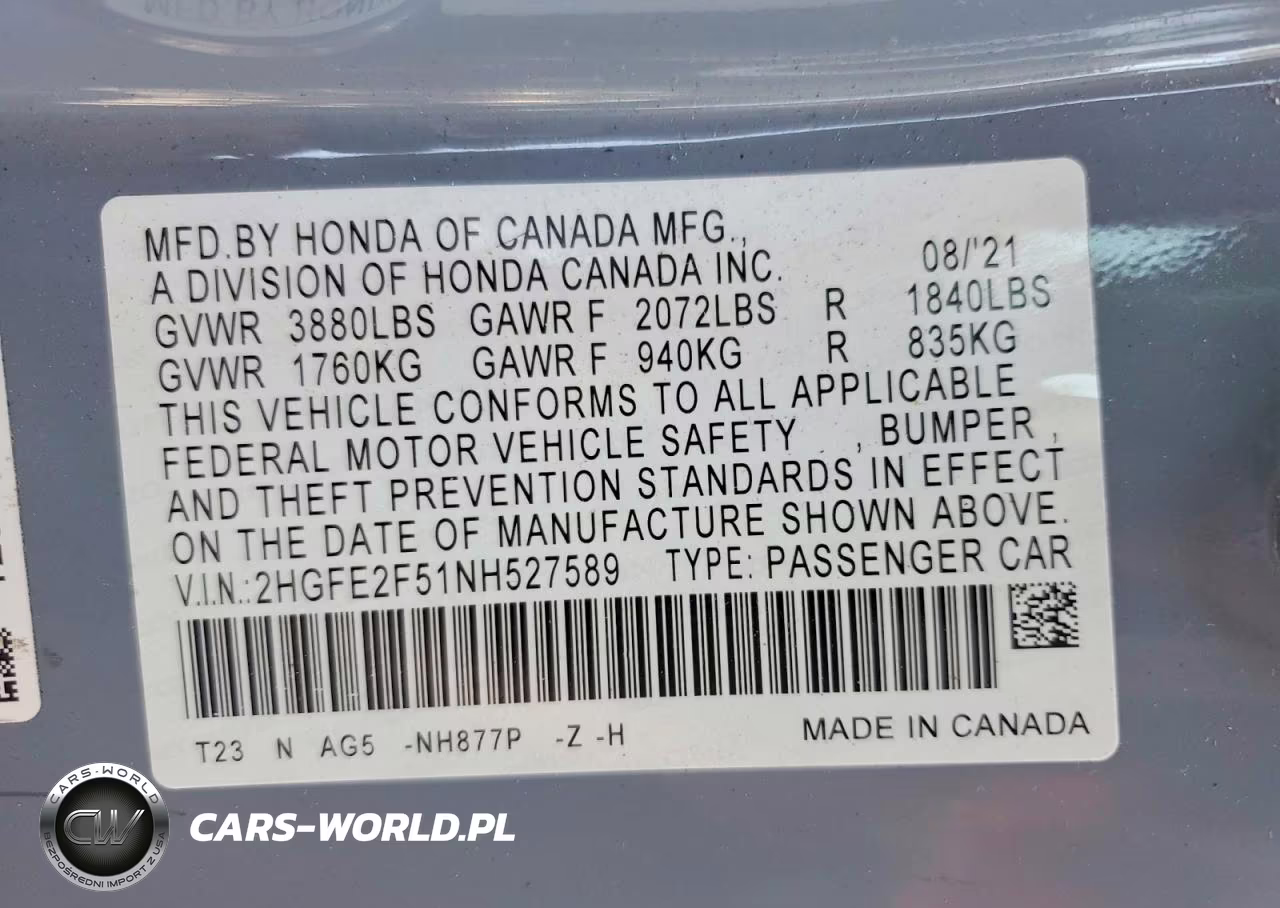 2022 Honda Civic Sport VIN:2HGFE2F51NH527589 - 12
