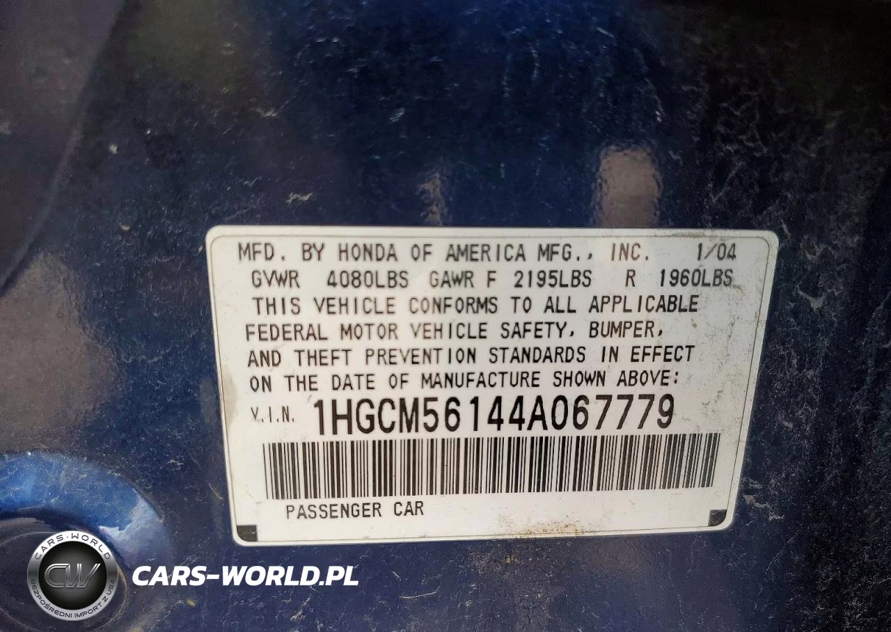 2004 Honda Accord Dx VIN:1HGCM56144A067779 - 12
