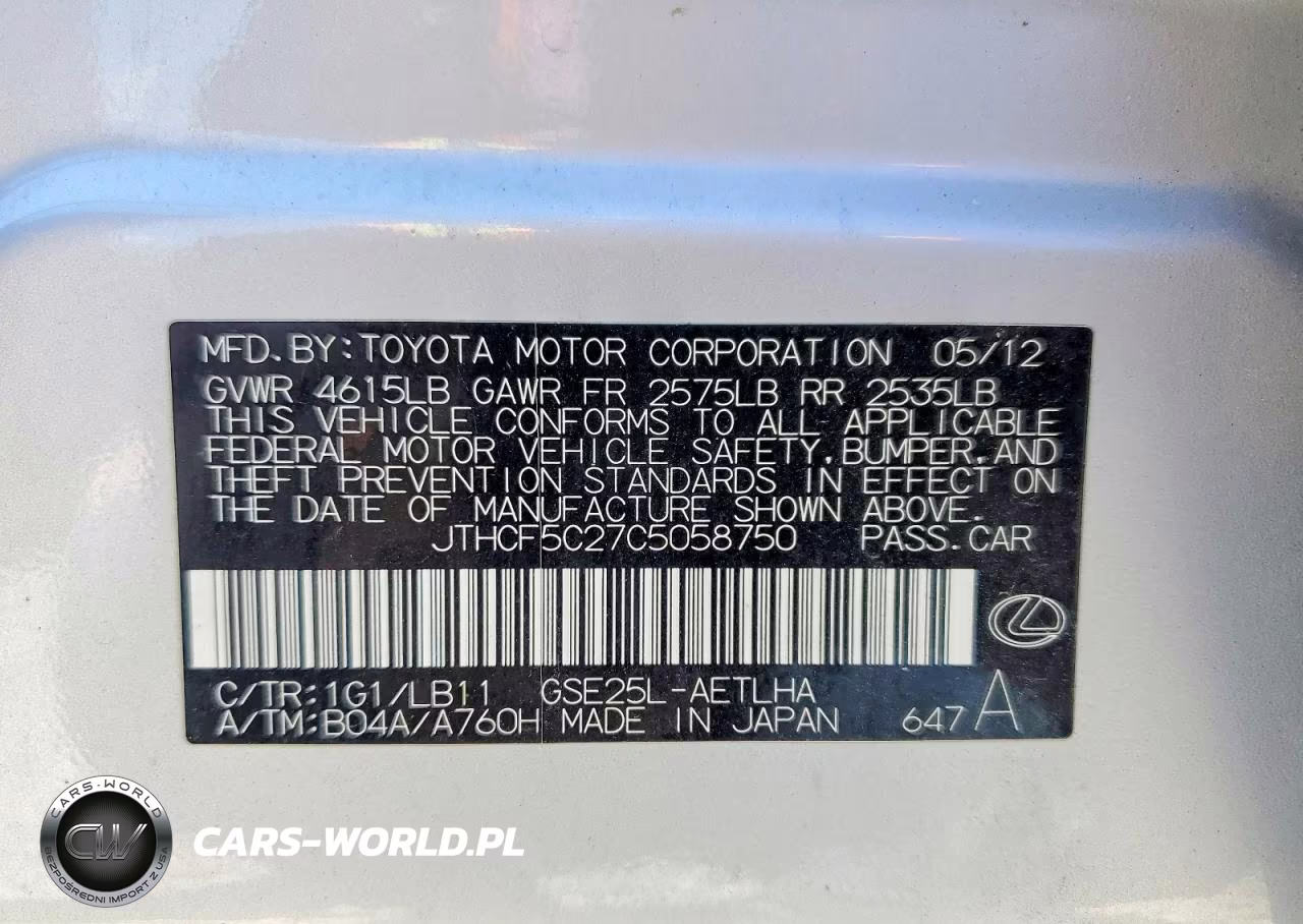 2012 Lexus Is 250 Base VIN:JTHCF5C27C5058750 - 12