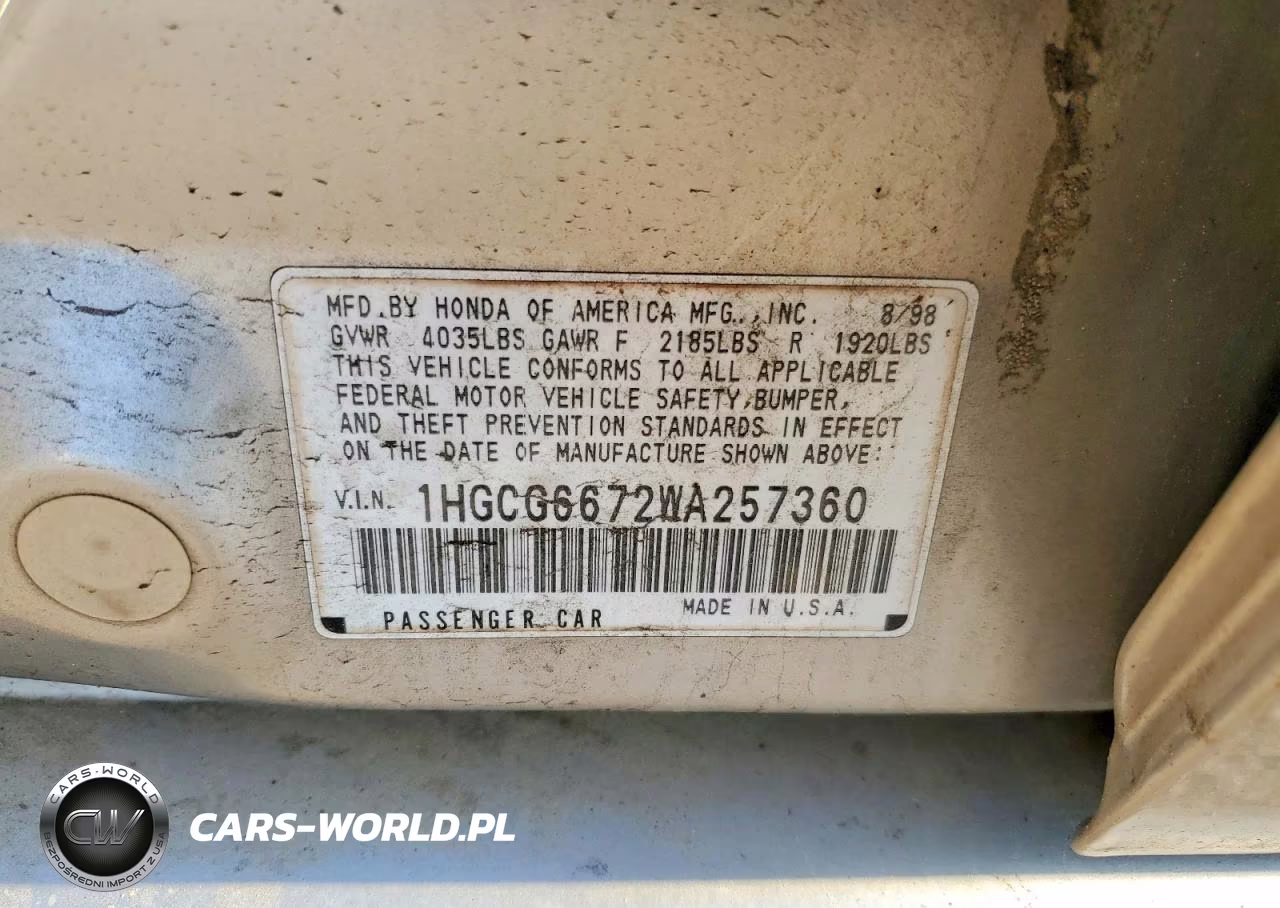 1998 Honda Accord Ex VIN:1HGCG6672WA257360 - 12
