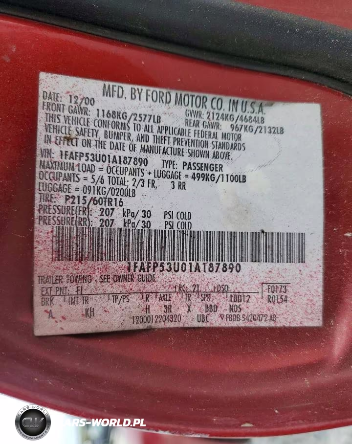 2001 Ford Taurus Se VIN:1FAFP53U01A187890 - 12