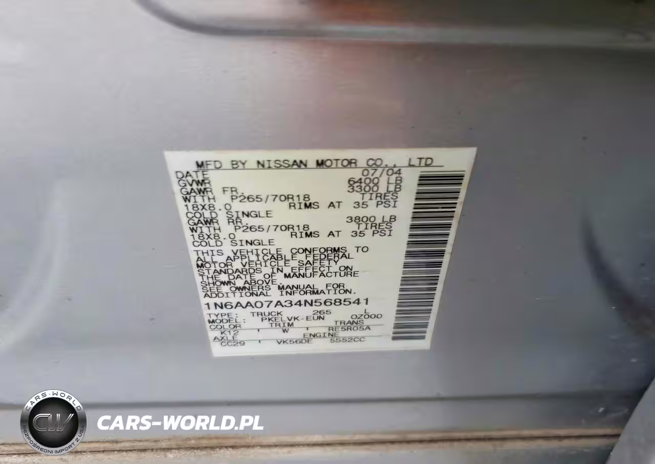 2004 Nissan Titan Xe VIN:1N6AA07A34N568541 - 13