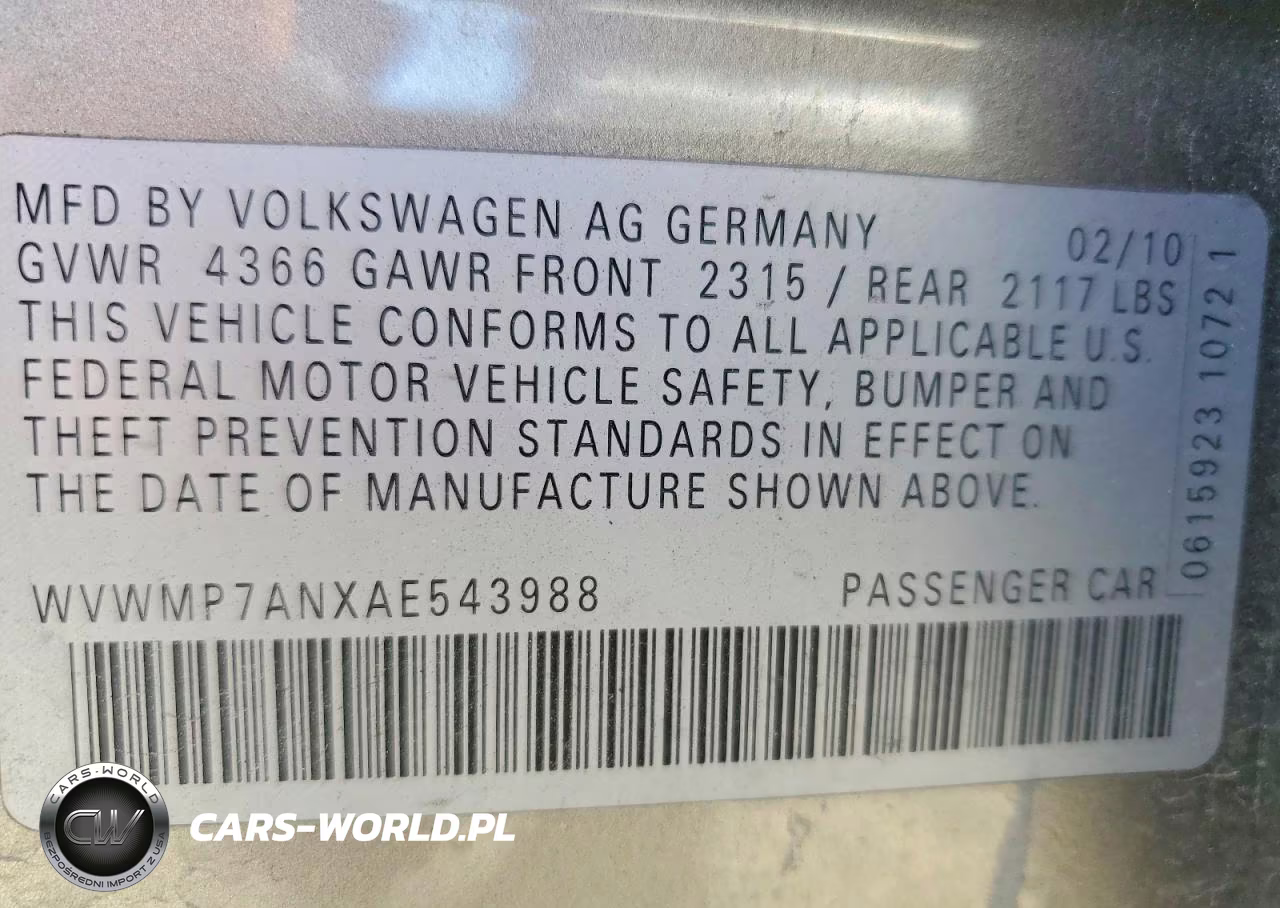 2010 Volkswagen Cc Sport VIN:WVWMP7ANXAE543988 - 12