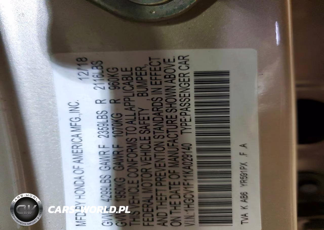2019 Honda Accord Lx VIN:1HGCV1F11KA029140 - 12