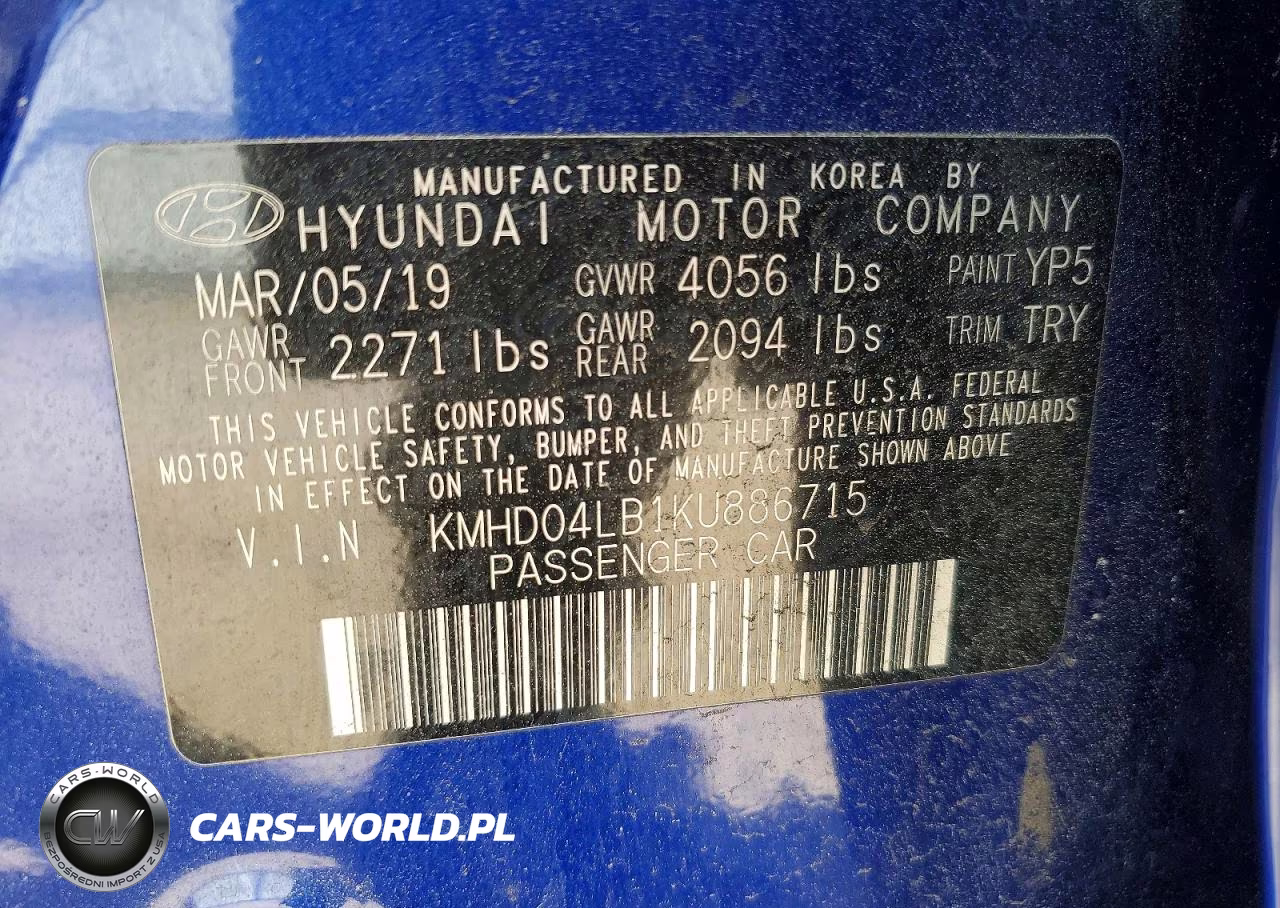 2019 Hyundai Elantra Sport VIN:KMHD04LB1KU886715 - 12
