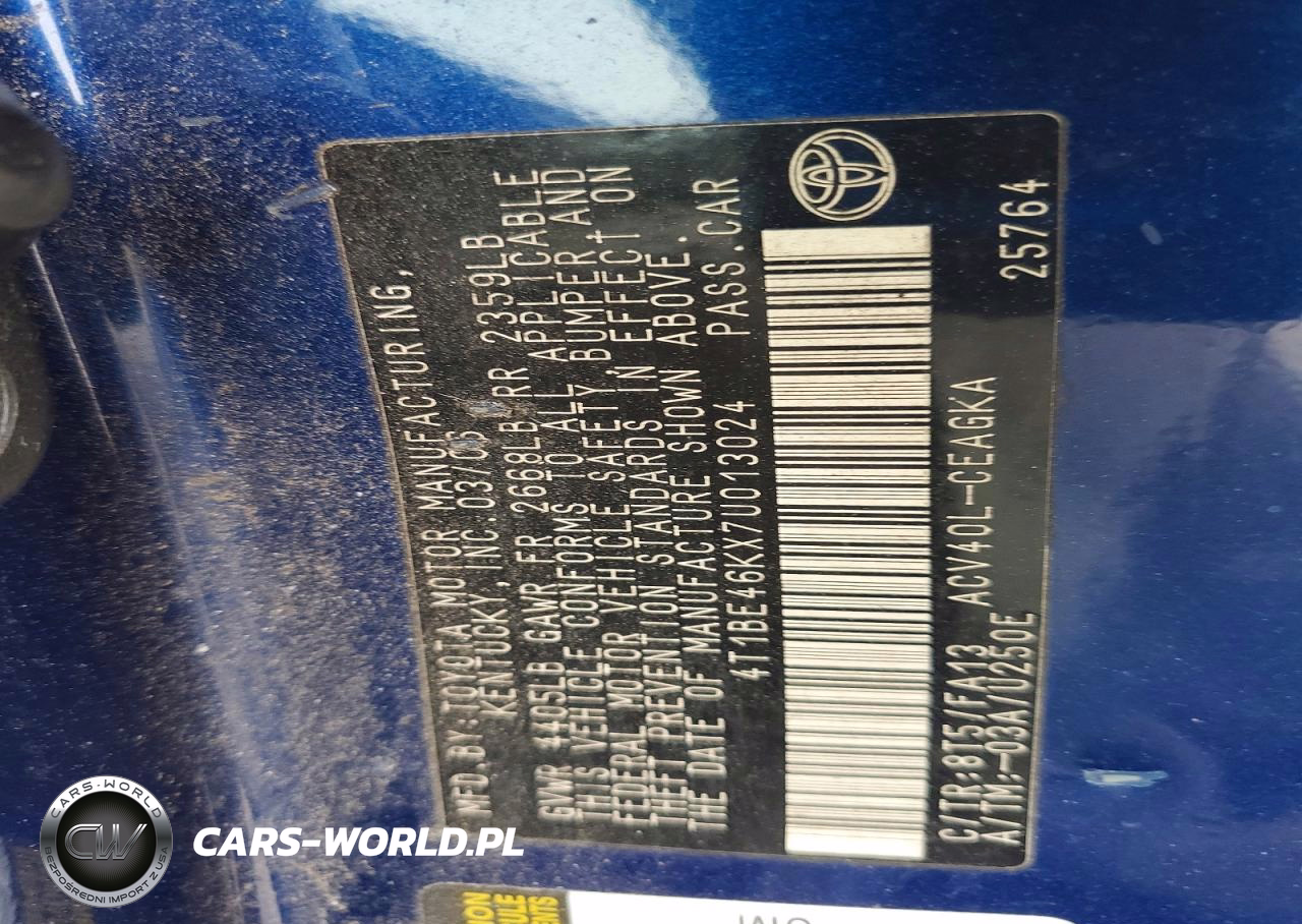 2007 Toyota Camry Xle VIN:4T1BE46KX7U013024 - 12