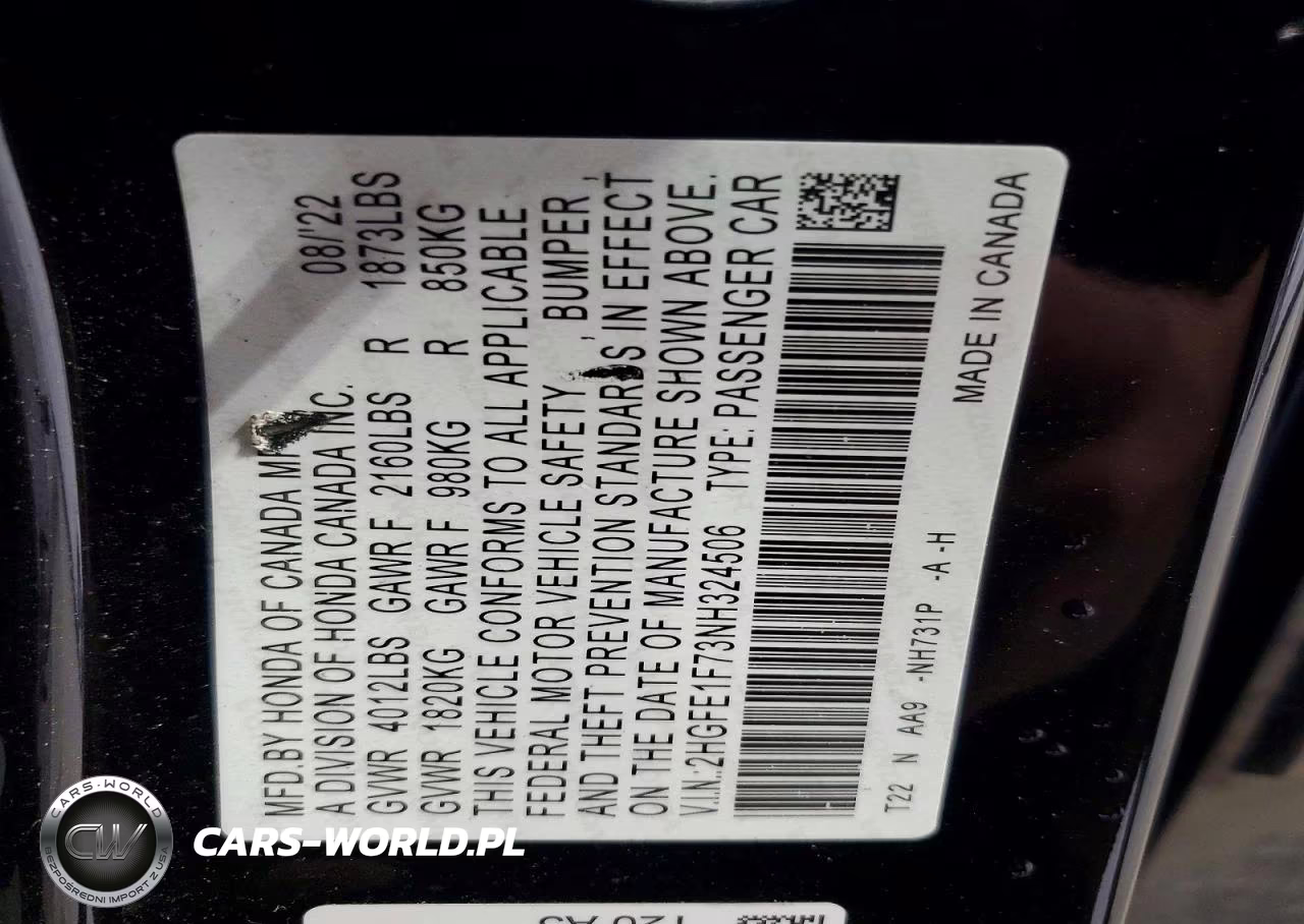 2022 Honda Civic Ex VIN:2HGFE1F73NH324506 - 12