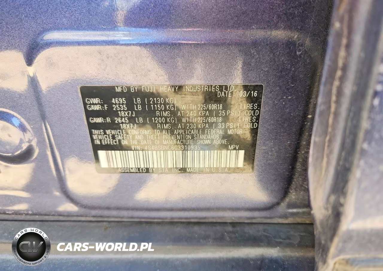 2016 Subaru Outback 2.5I Limited VIN:4S4BSBNC6G3310935 - 12