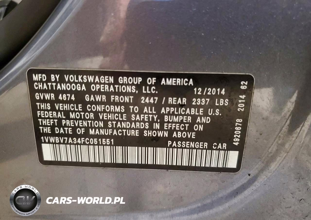 2015 Volkswagen Passat Se VIN:1VWBV7A34FC051551 - 12