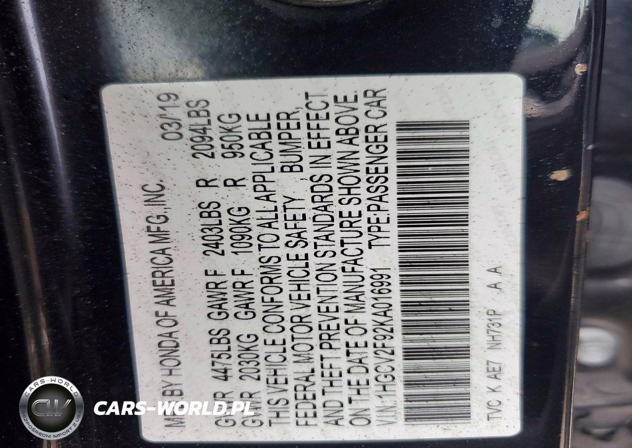 2019 Honda Accord Touring 2.0T VIN:1HGCV2F92KA016991 - 13