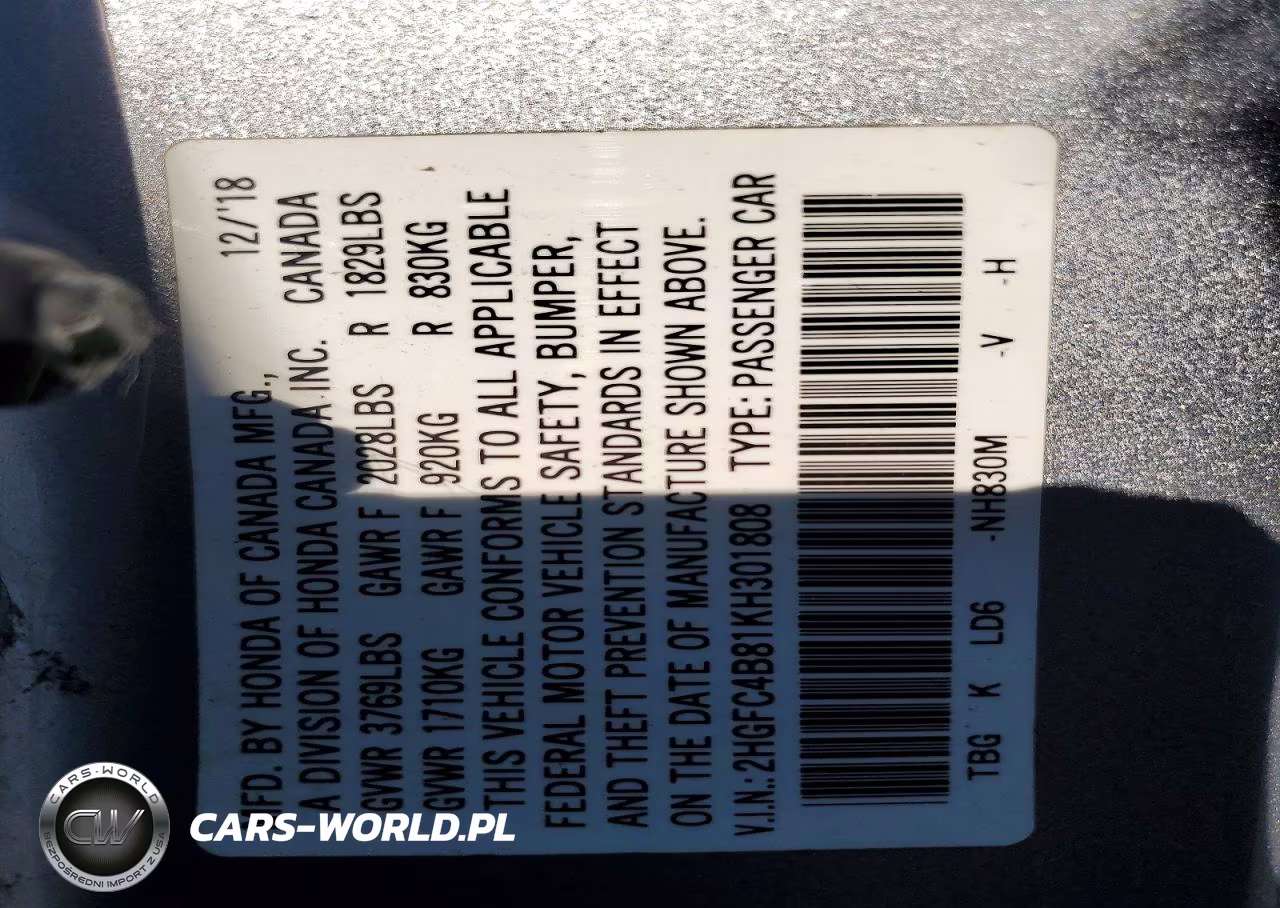 2019 Honda Civic Sport VIN:2HGFC4B81KH301808 - 13