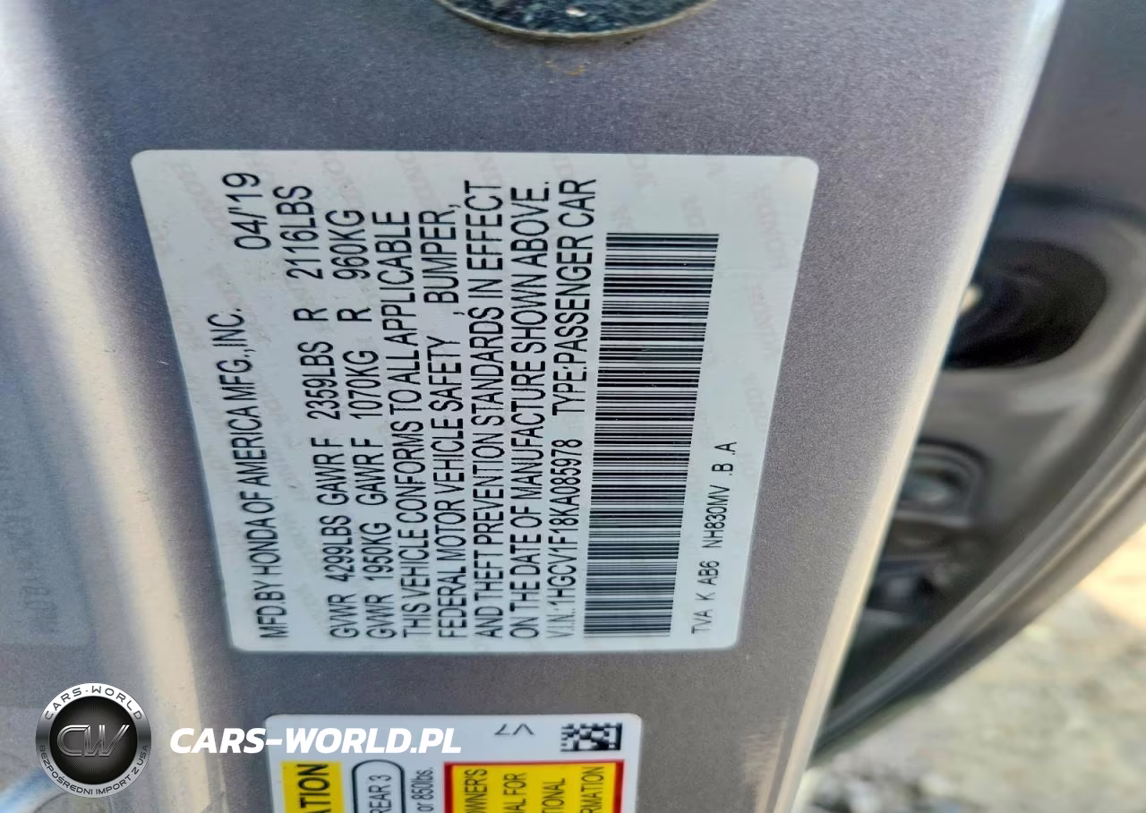2019 Honda Accord Lx VIN:1HGCV1F18KA085978 - 12