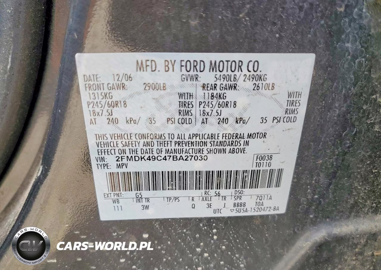 2007 Ford Edge Sel Plus VIN:2FMDK49C47BA27030 - 12