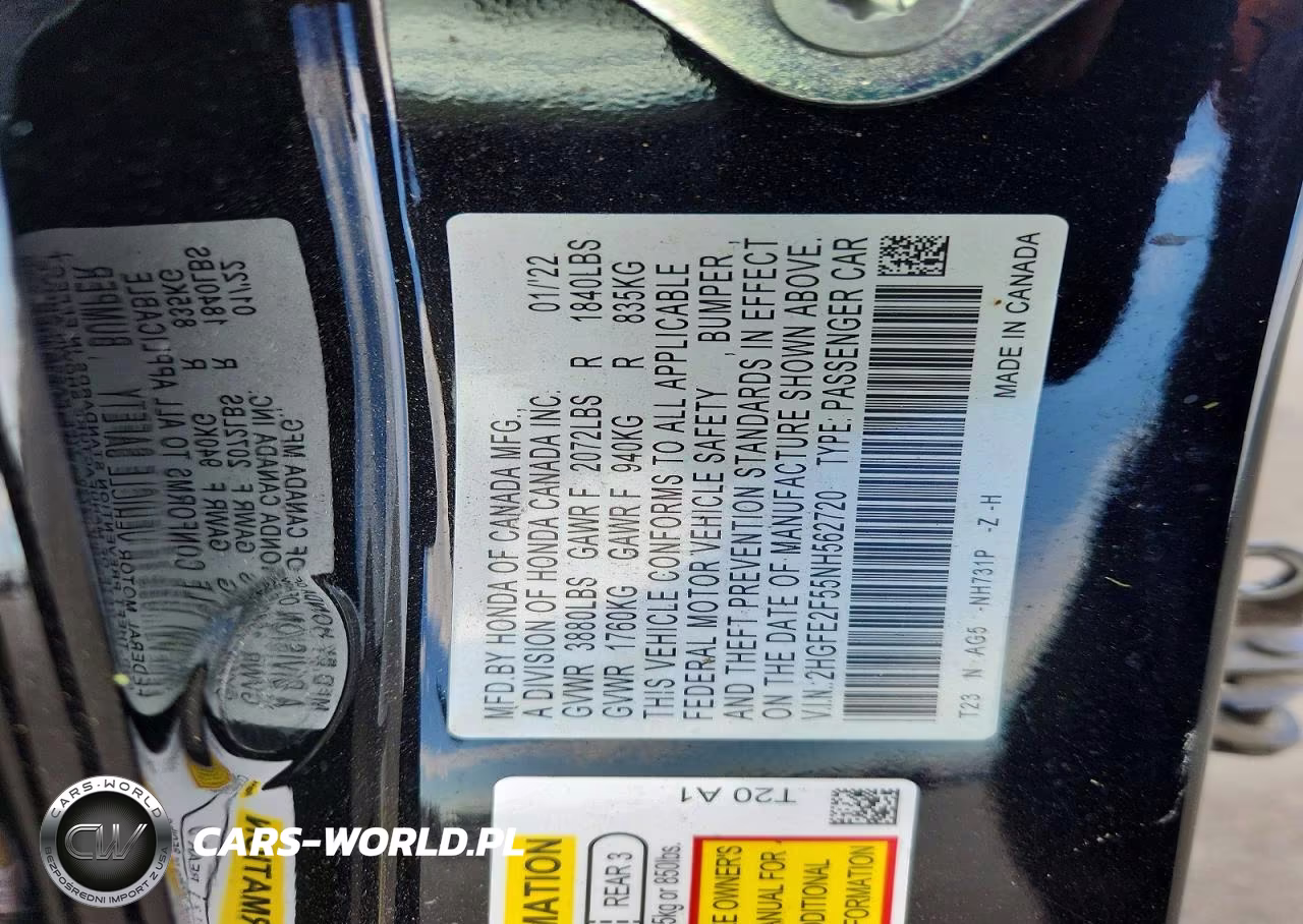 2022 Honda Civic Sport VIN:2HGFE2F55NH562720 - 12