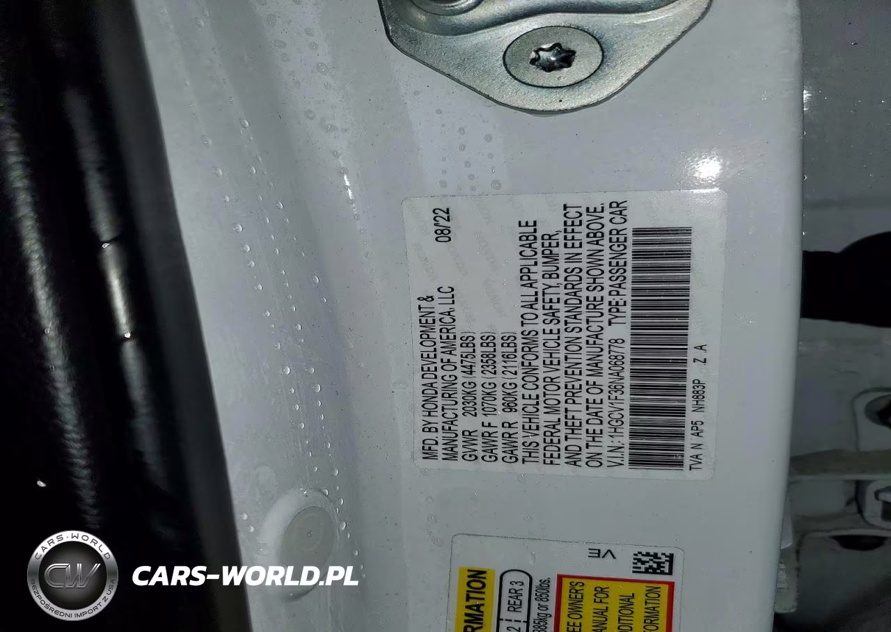 2022 Honda Accord Sport VIN:1HGCV1F36NA068778 - 12