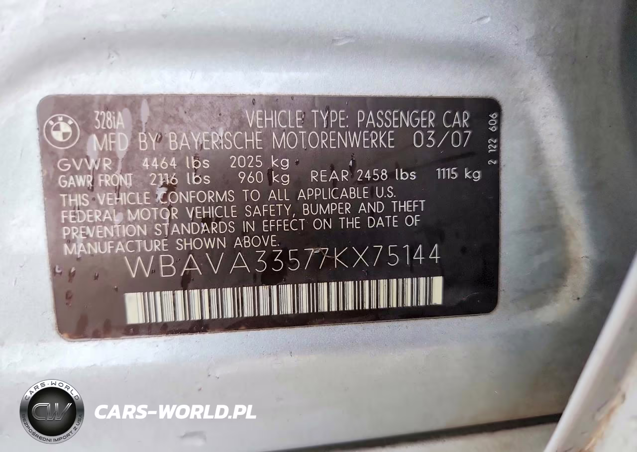 2007 BMW 328 I VIN:WBAVA33577KX75144 - 12