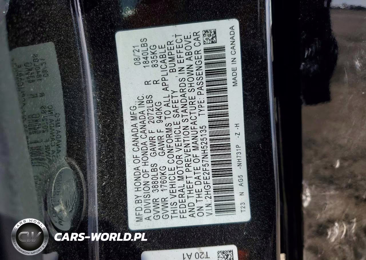 2022 Honda Civic Sport VIN:2HGFE2F57NH525135 - 12