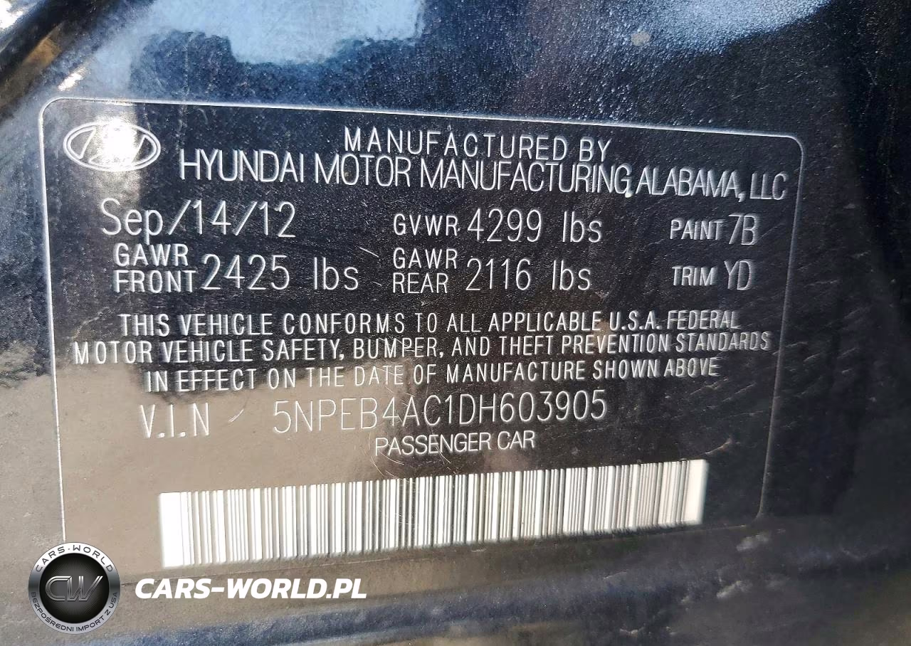 2013 Hyundai Sonata Gls VIN:5NPEB4AC1DH603905 - 12