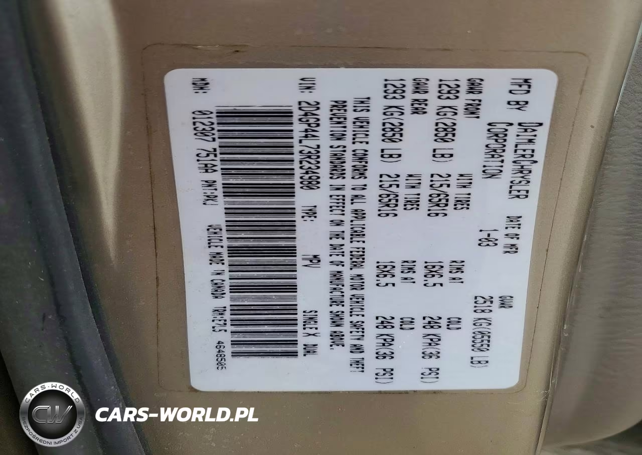 2003 Dodge Grand Caravan Sport VIN:2D4GP44L73R234980 - 13