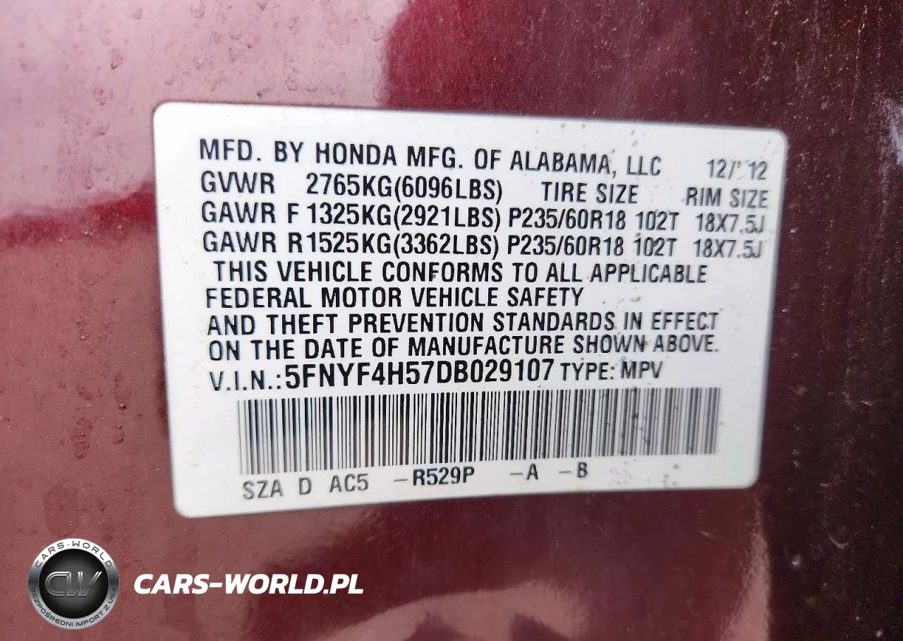 2013 Honda Pilot Exl VIN:5FNYF4H57DB029107 - 13