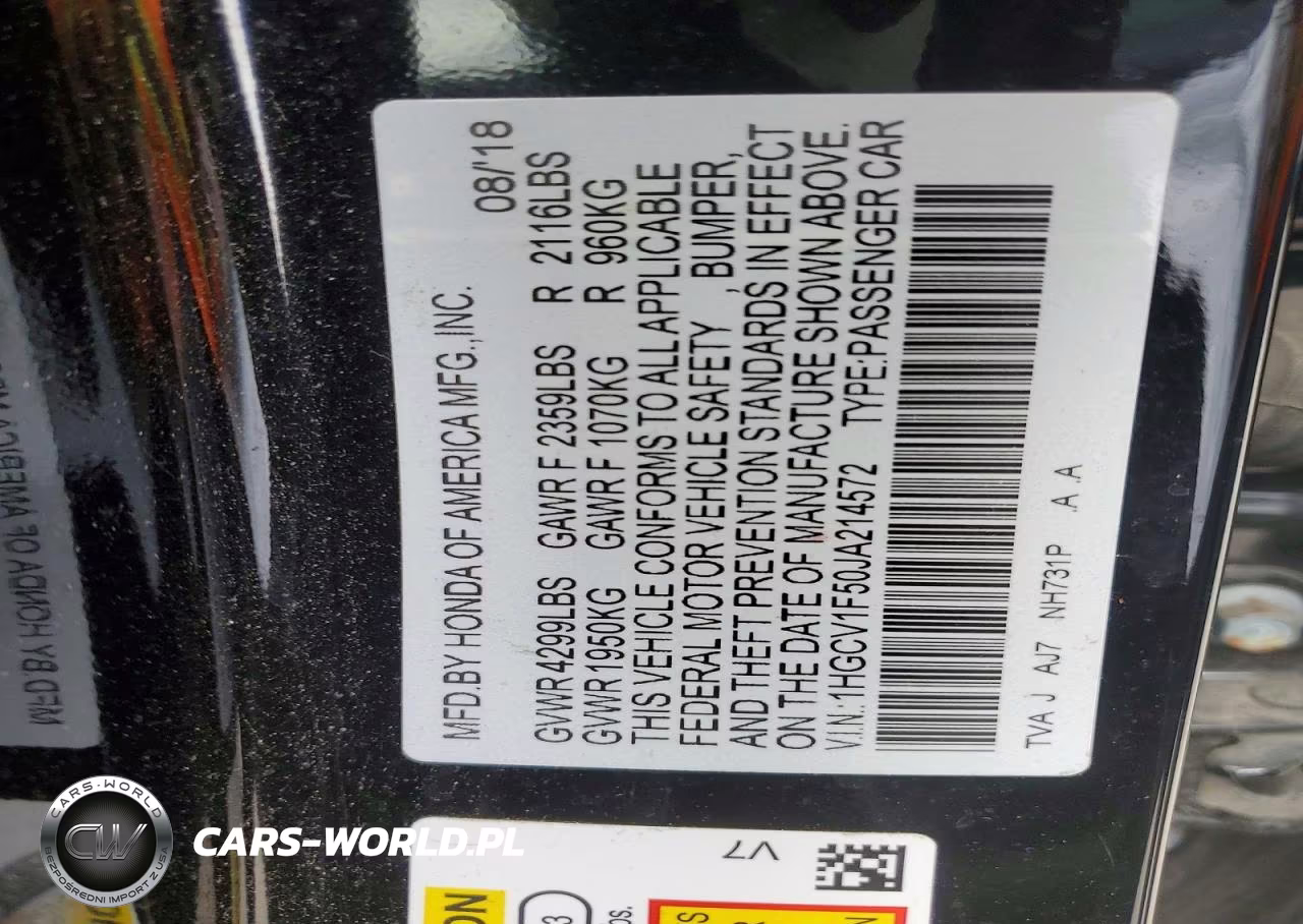 2018 Honda Accord Exl VIN:1HGCV1F50JA214572 - 12