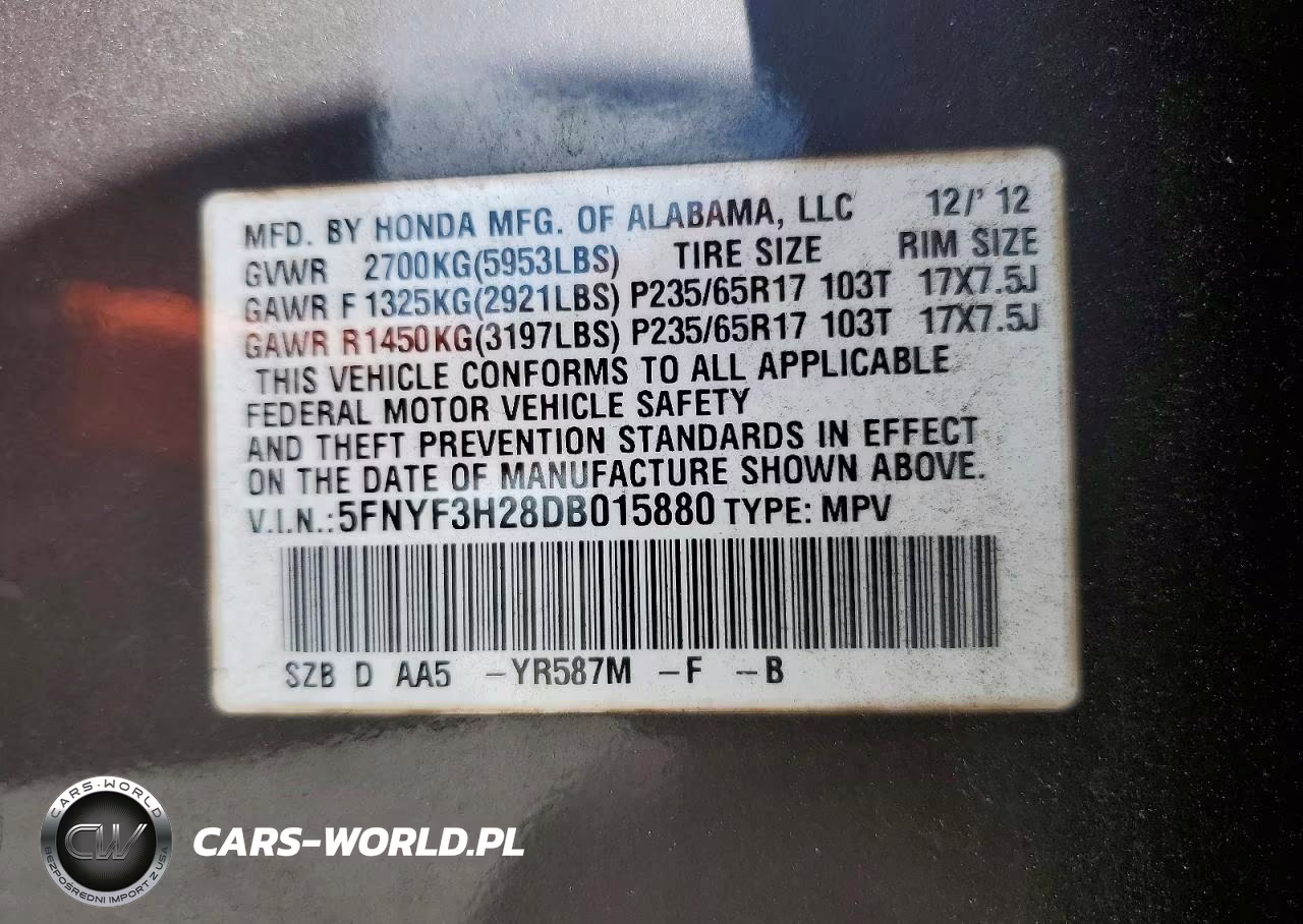 2013 Honda Pilot Lx VIN:5FNYF3H28DB015880 - 13
