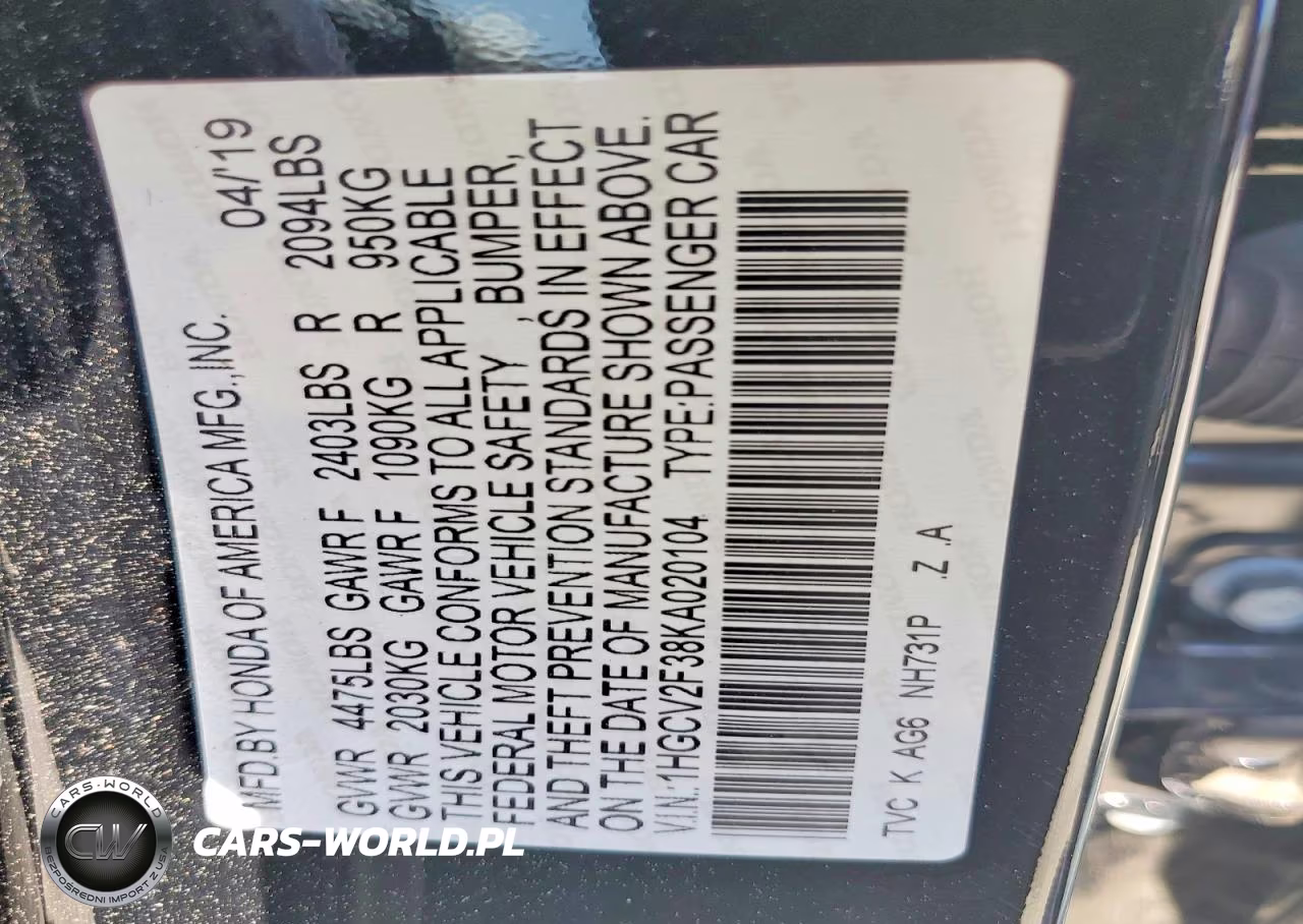 2019 Honda Accord Sport VIN:1HGCV2F38KA020104 - 12