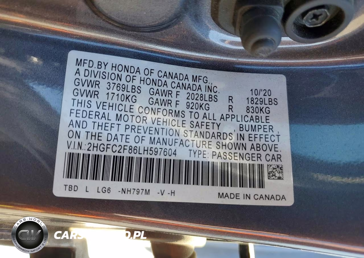 2020 Honda Civic Sport VIN:2HGFC2F86LH597604 - 12