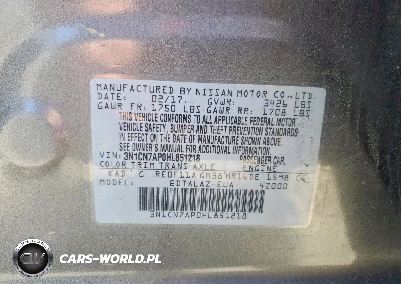 2017 Nissan Versa 1.6 S Plus VIN:3N1CN7AP0HL851218 - 12