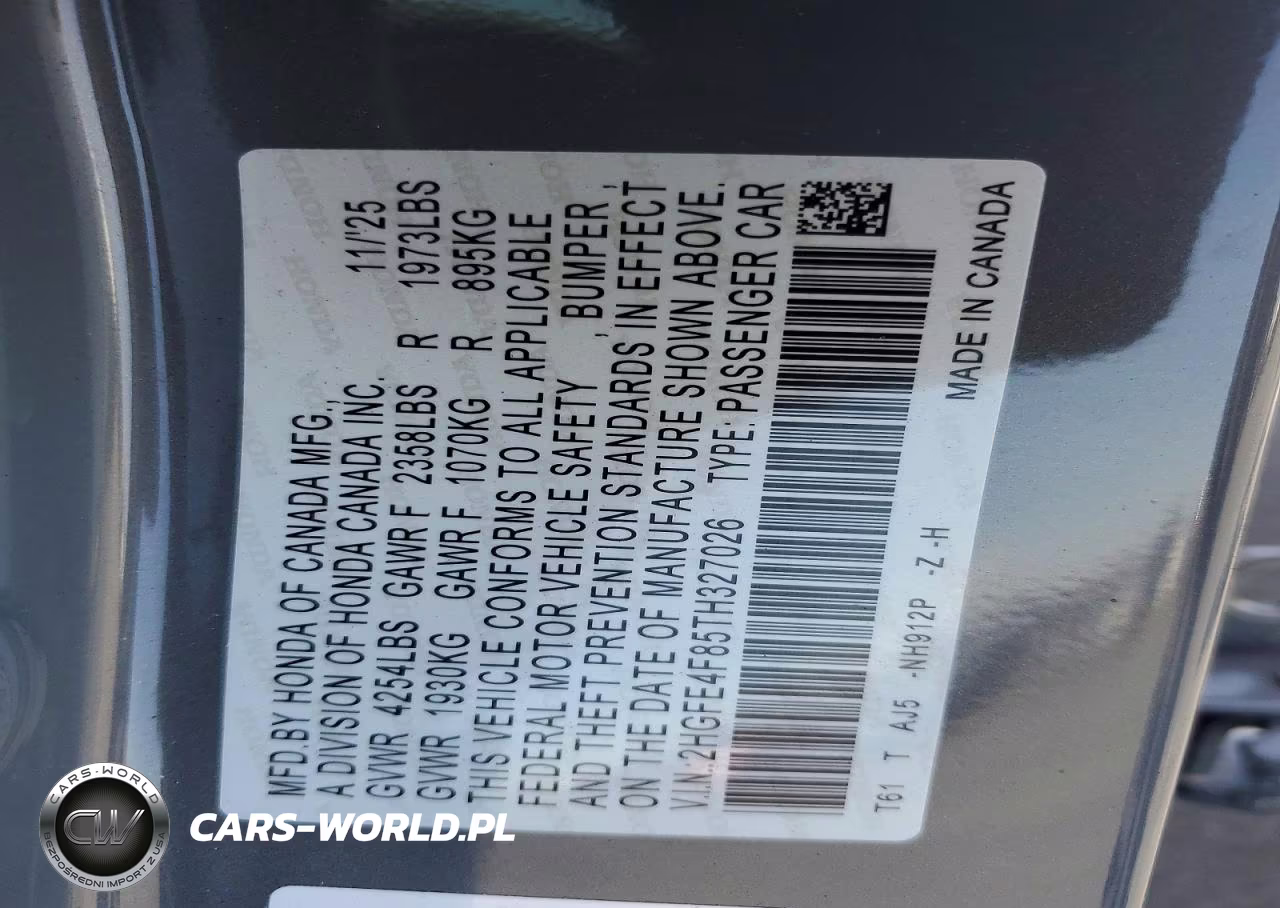 2026 Honda Civic Sport VIN:2HGFE4F85TH327026 - 12