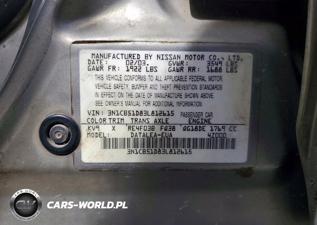 2003 Nissan Sentra Xe VIN:3N1CB51D83L812615 - 12