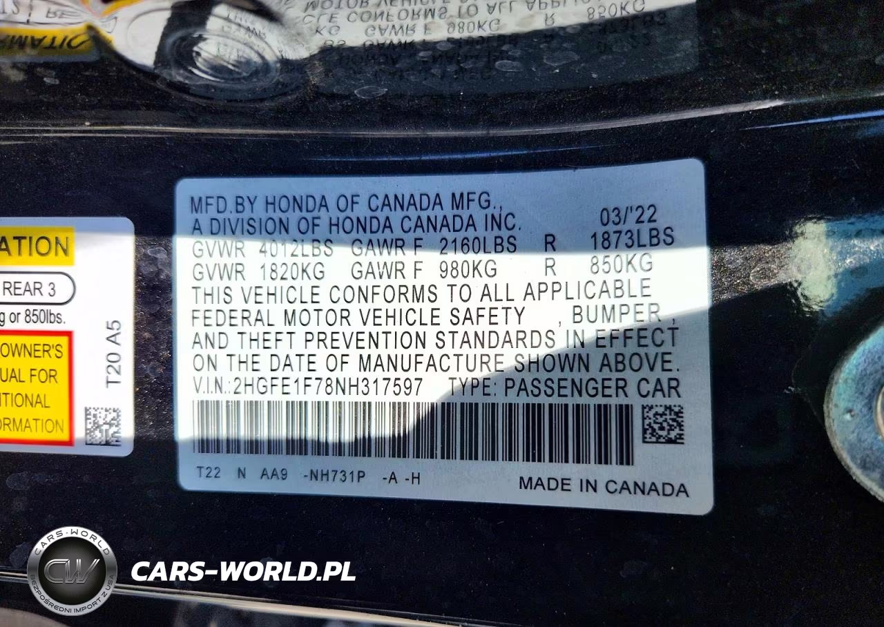 2022 Honda Civic Ex VIN:2HGFE1F78NH317597 - 12