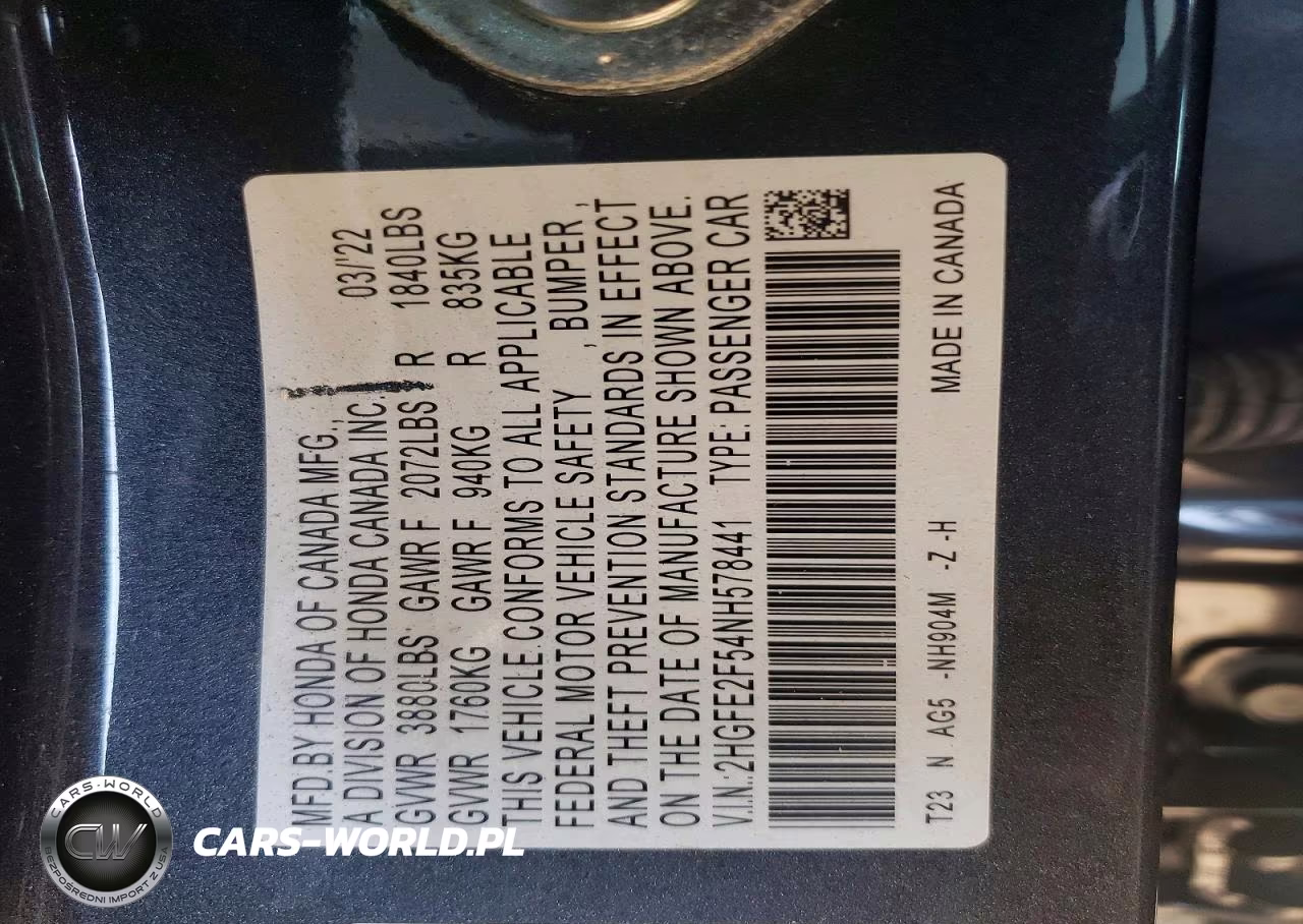 2022 Honda Civic Sport VIN:2HGFE2F54NH578441 - 12