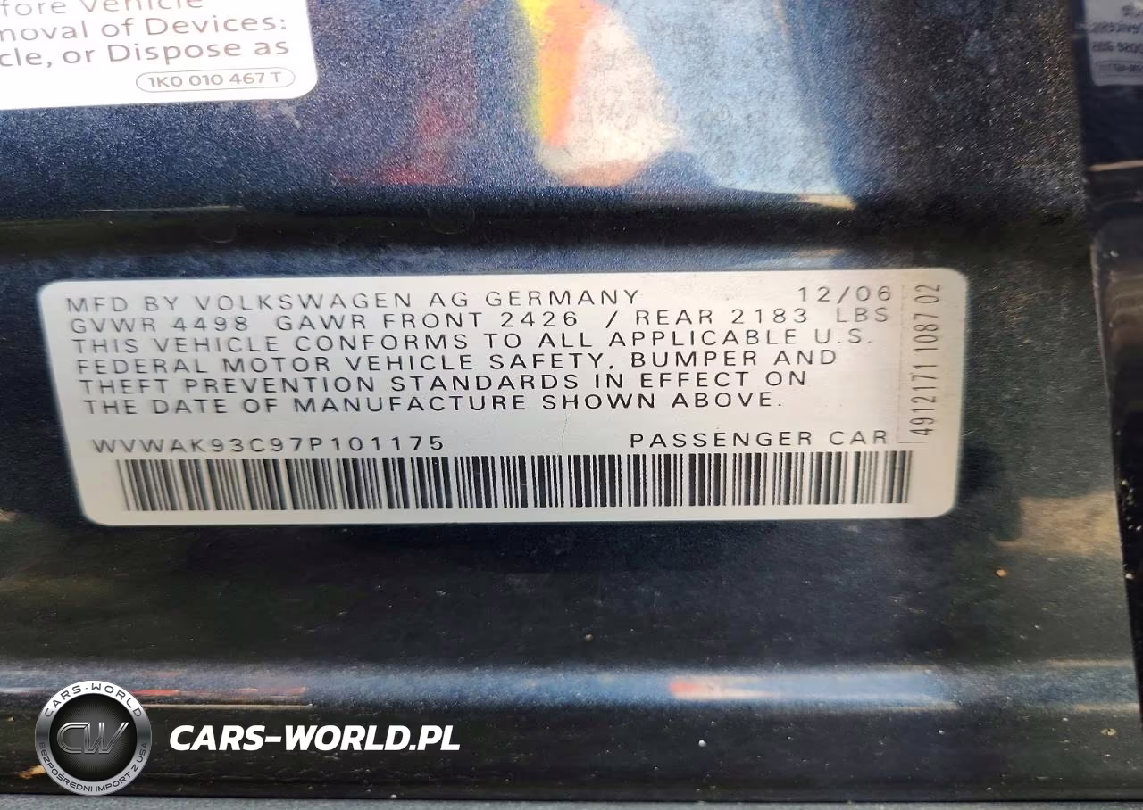 2007 Volkswagen Passat 2.0T VIN:WVWAK93C97P101175 - 12