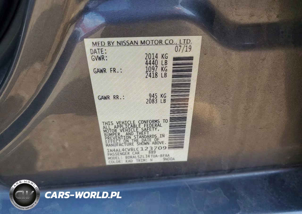 2020 Nissan Altima 2.0 Sr VIN:1N4AL4CV8LC123709 - 12