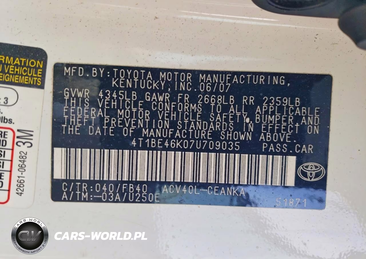 2007 Toyota Camry Ce VIN:4T1BE46K07U709035 - 12