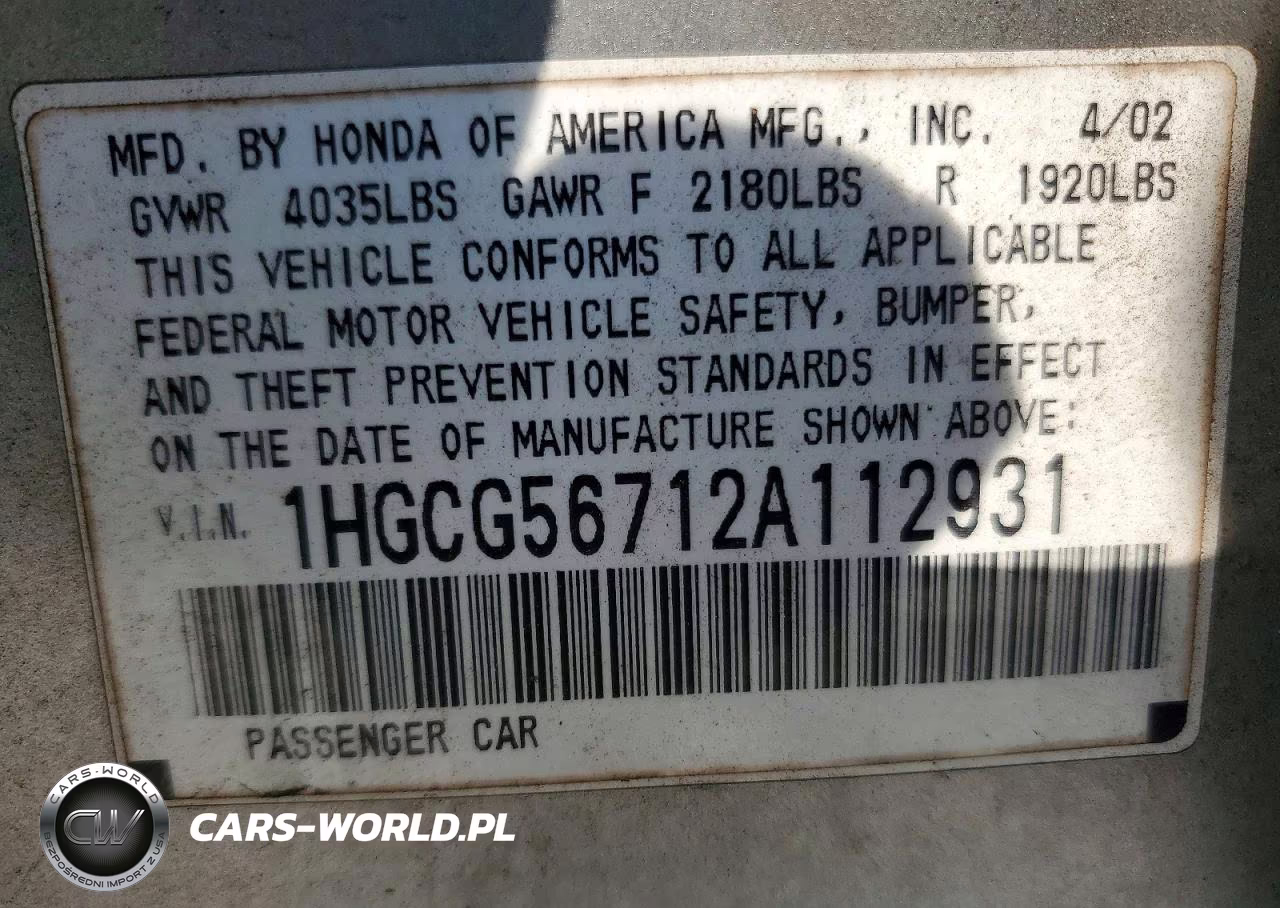 2002 Honda Accord VIN:1HGCG56712A112931 - 12