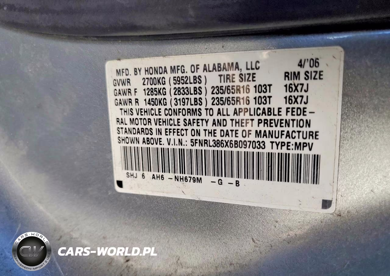 2006 Honda Odyssey Exl VIN:5FNRL386X6B097033 - 13