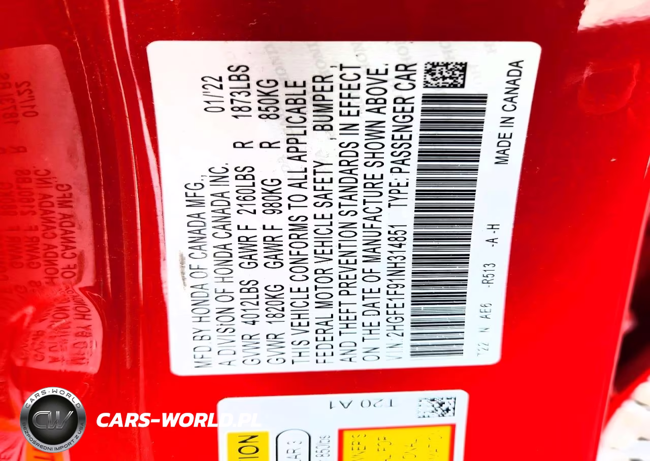 2022 Honda Civic Touring VIN:2HGFE1F91NH314851 - 12