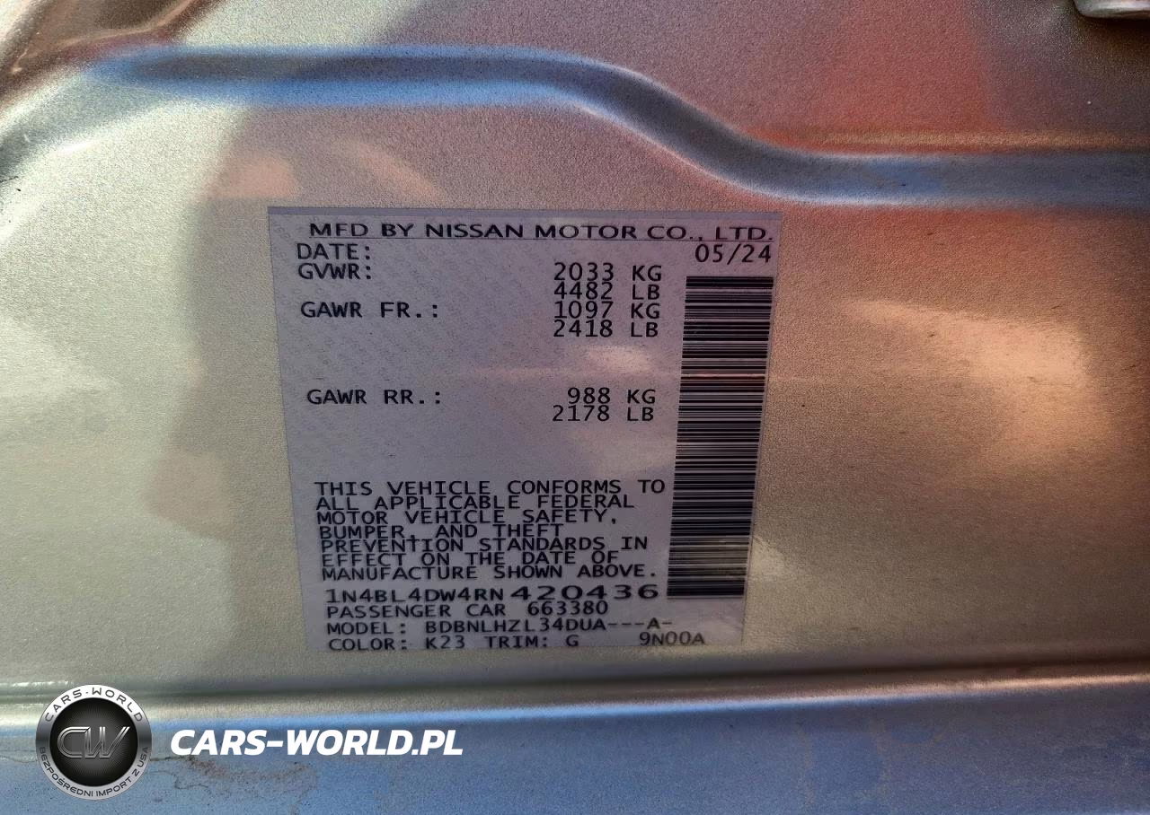 2024 Nissan Altima Sv VIN:1N4BL4DW4RN420436 - 12
