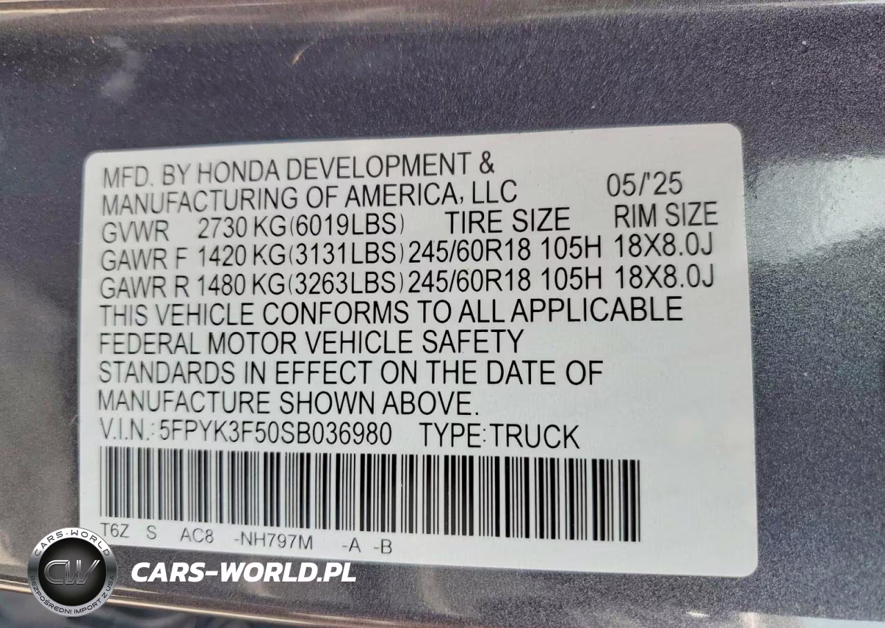 2025 Honda Ridgeline Rtl VIN:5FPYK3F50SB036980 - 12