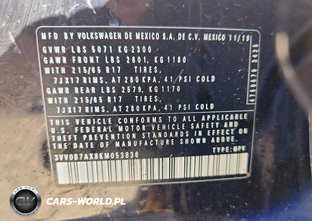2019 Volkswagen Tiguan S VIN:3VV0B7AX8KM053836 - 13