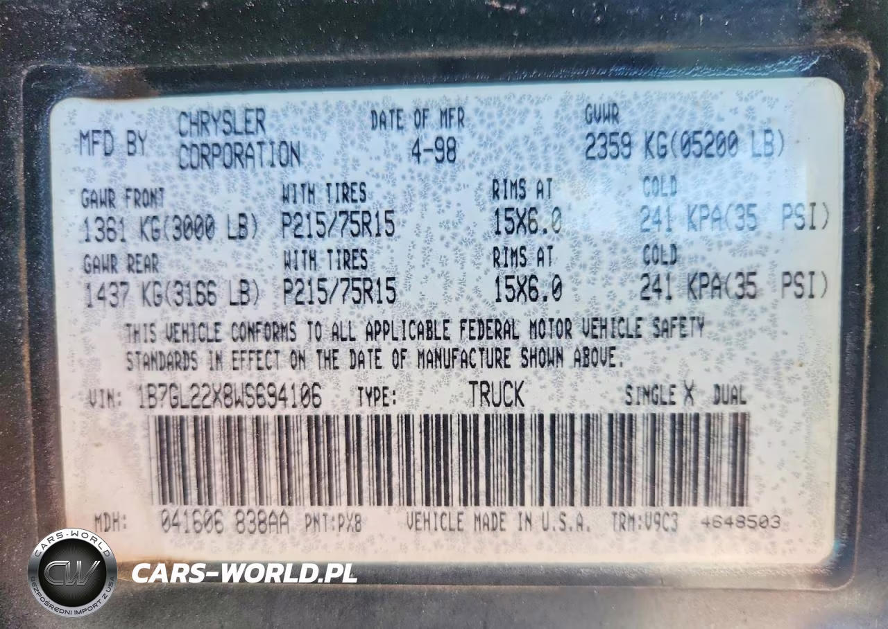 1998 Dodge Dakota VIN:1B7GL22X8WS694106 - 12