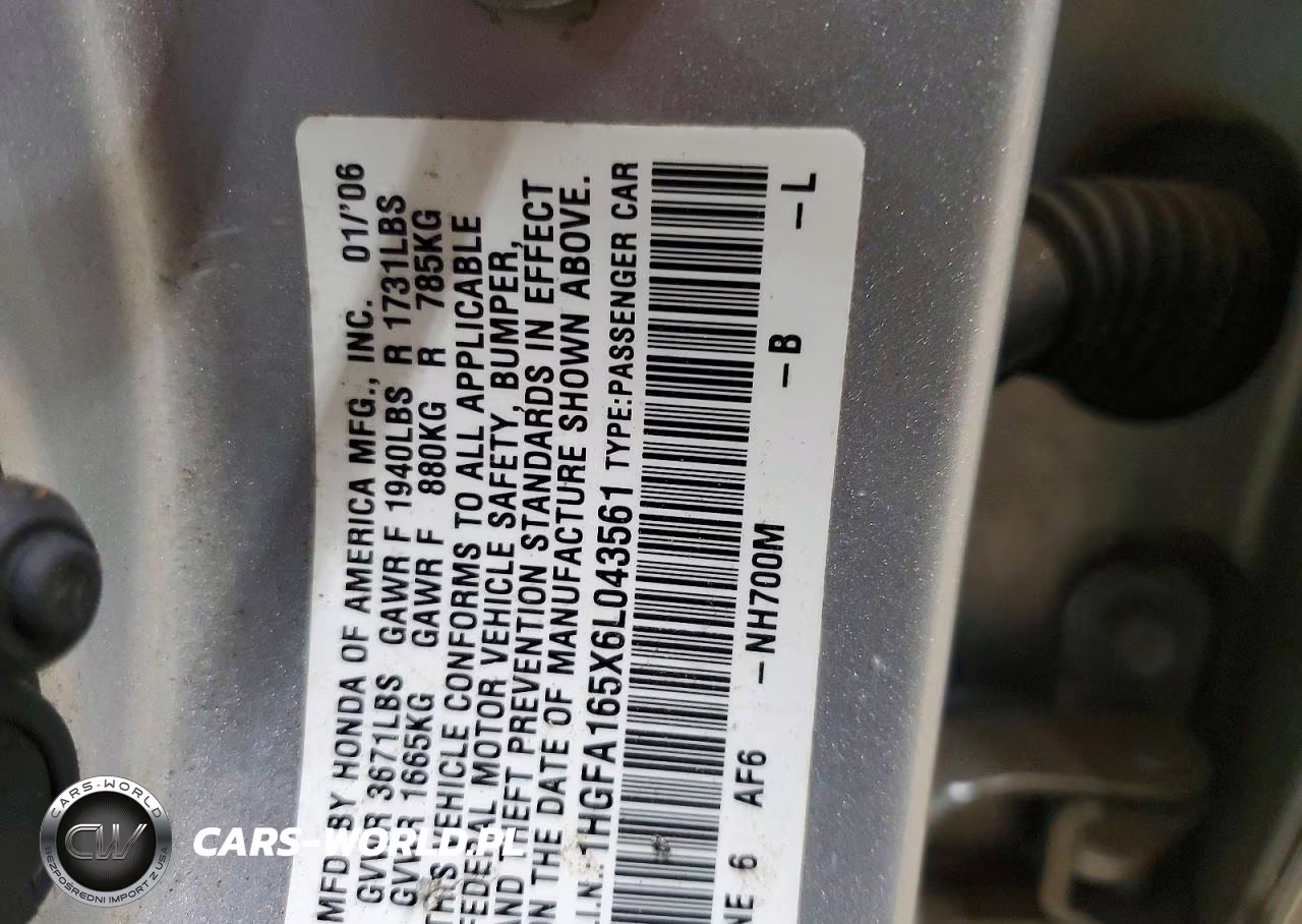 2006 Honda Civic Lx VIN:1HGFA165X6L043561 - 12