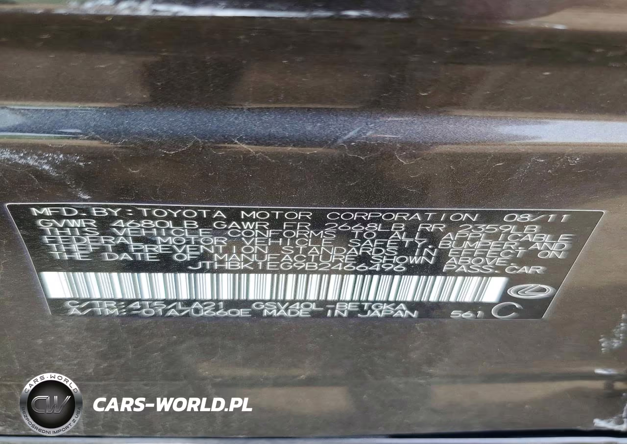 2011 Lexus Es 350 VIN:JTHBK1EG9B2466496 - 12